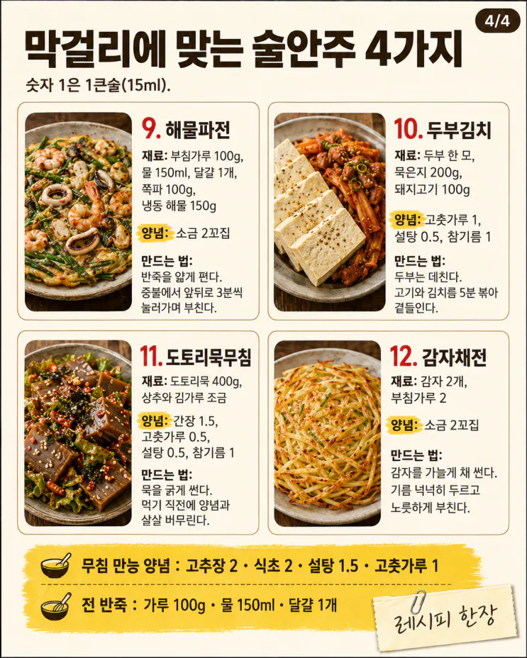 술안주 12가지, 술 종류별 정답 조합