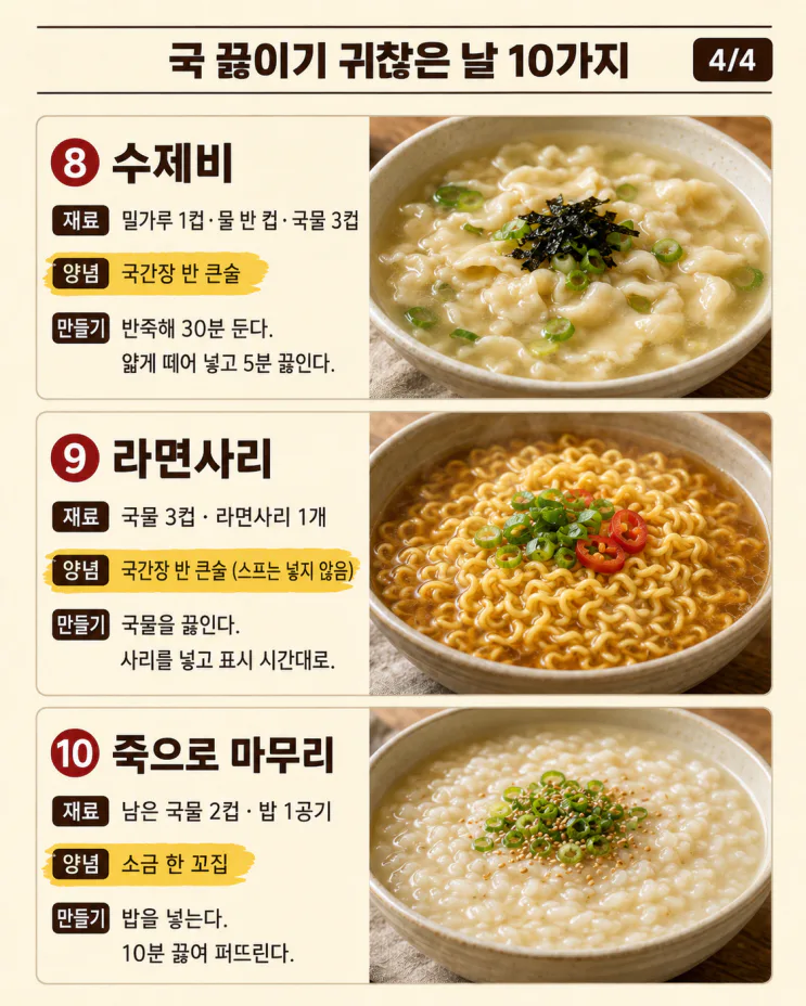 국 끓이기 귀찮은 날 10가지, 한 번 끓여 3일
