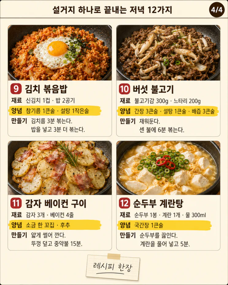설거지 하나로 끝내는 저녁 12가지, 간단한 원팬 요리