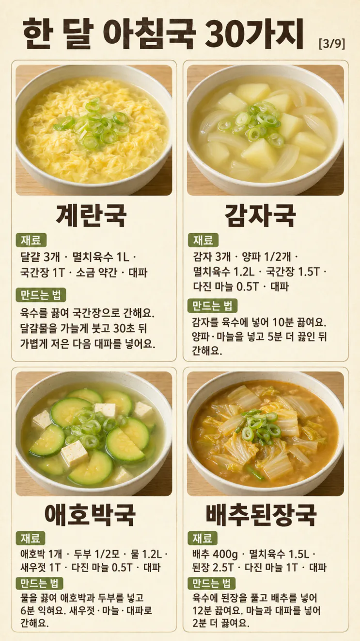 한 달 아침국 30가지 — 오늘 뭐 끓일지 달력처럼 고르세요