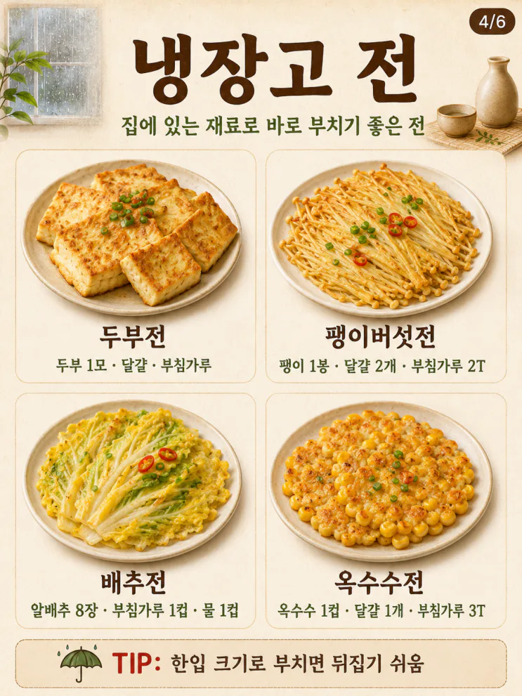 비 오는 날 전 종류 — 바삭한 김치전부터 육전까지 20가지 레시피