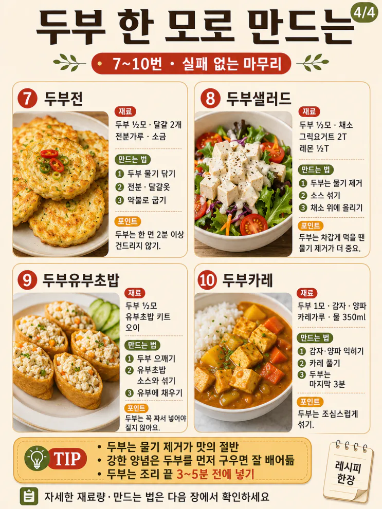 두부 한 모로 만드는 단백질 한 끼 10가지 — 부치고 조리고 덮밥까지