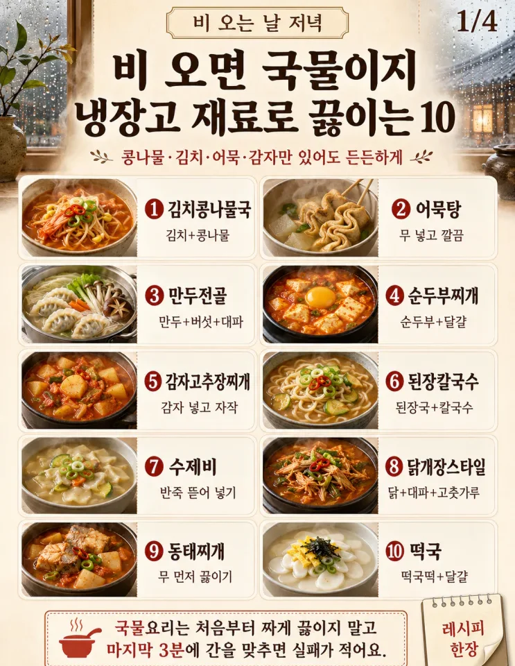 비 오는 날 국물요리 10가지 — 냉장고 재료로 끓이는 저녁 한 냄비
