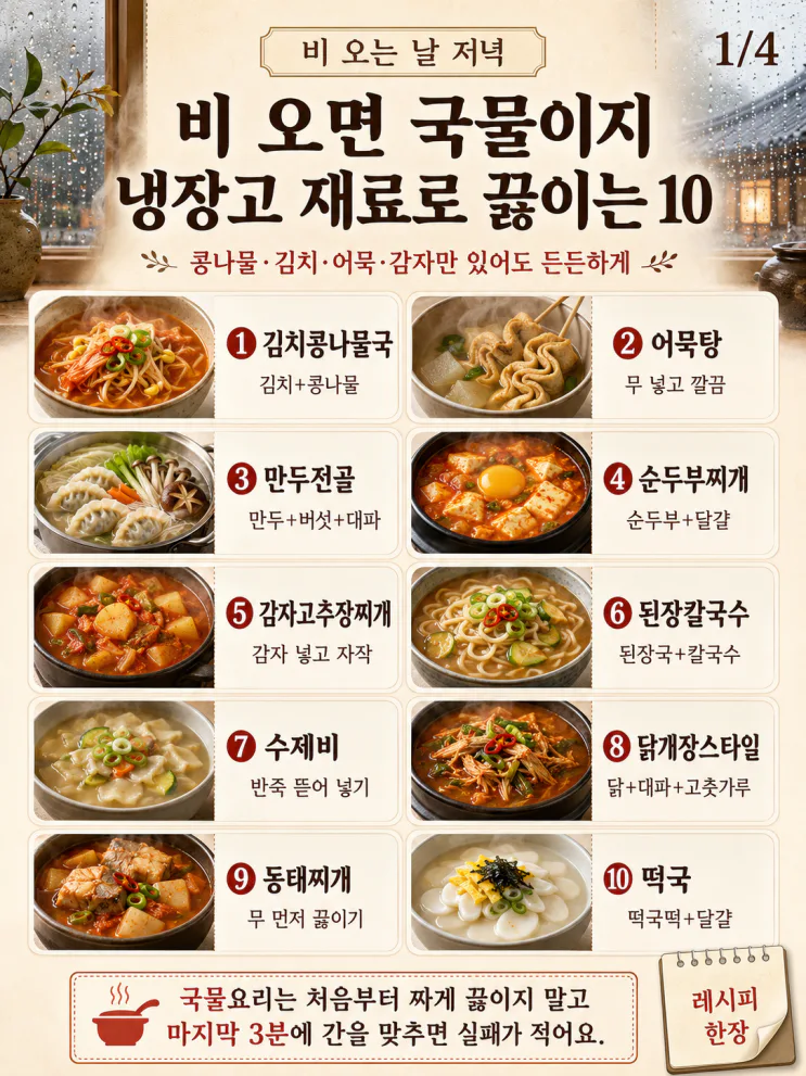 비 오는 날 국물요리 10가지 — 냉장고 재료로 끓이는 저녁 한 냄비