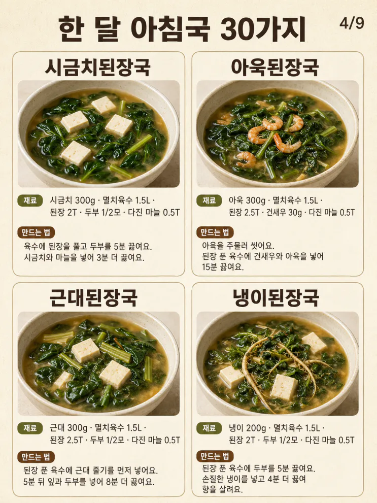 한 달 아침국 30가지 — 오늘 뭐 끓일지 달력처럼 고르세요