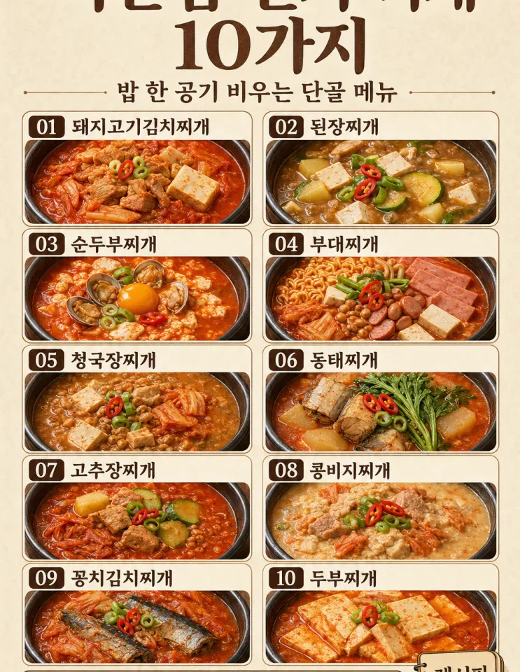 백반집 인기 찌개 10가지 — 밥 한 공기 비우는 단골 메뉴
