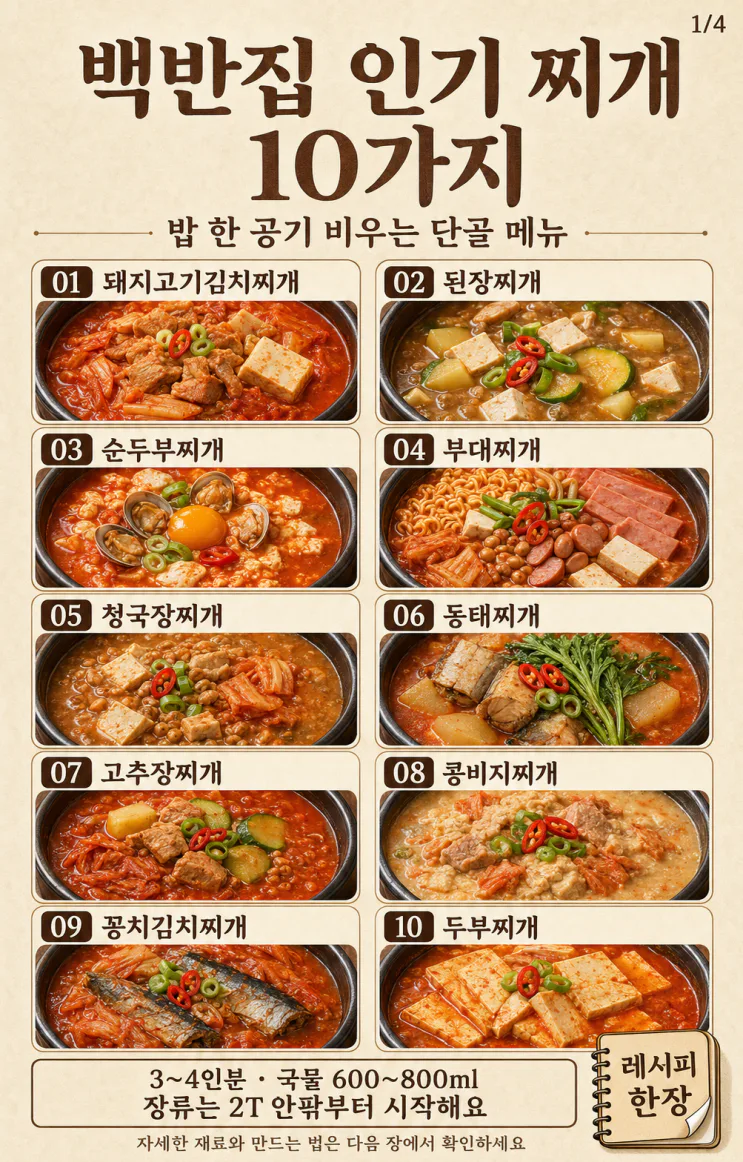백반집 인기 찌개 10가지 — 밥 한 공기 비우는 단골 메뉴