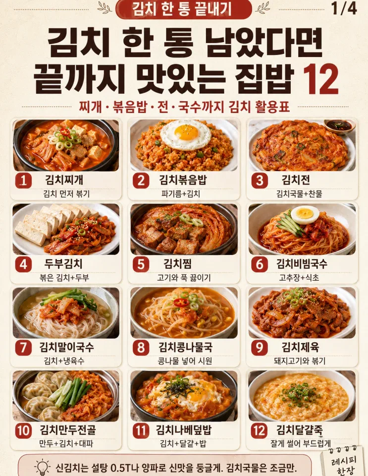 김치 요리 12가지 — 한 통 남았을 때 끝까지 맛있게