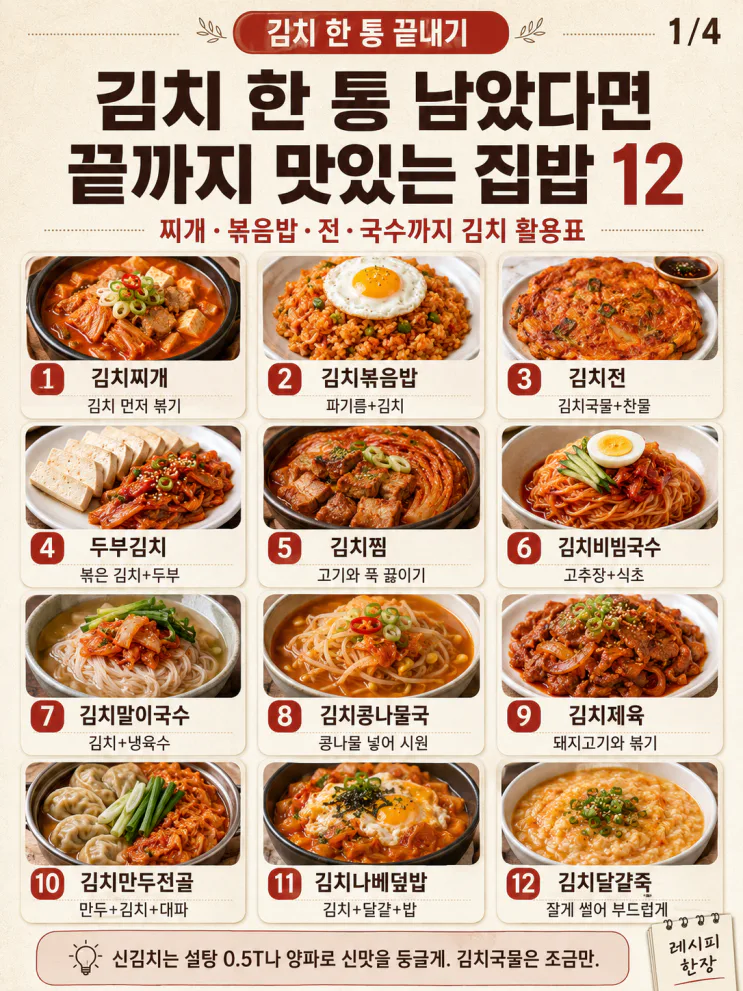 김치 요리 12가지 — 한 통 남았을 때 끝까지 맛있게
