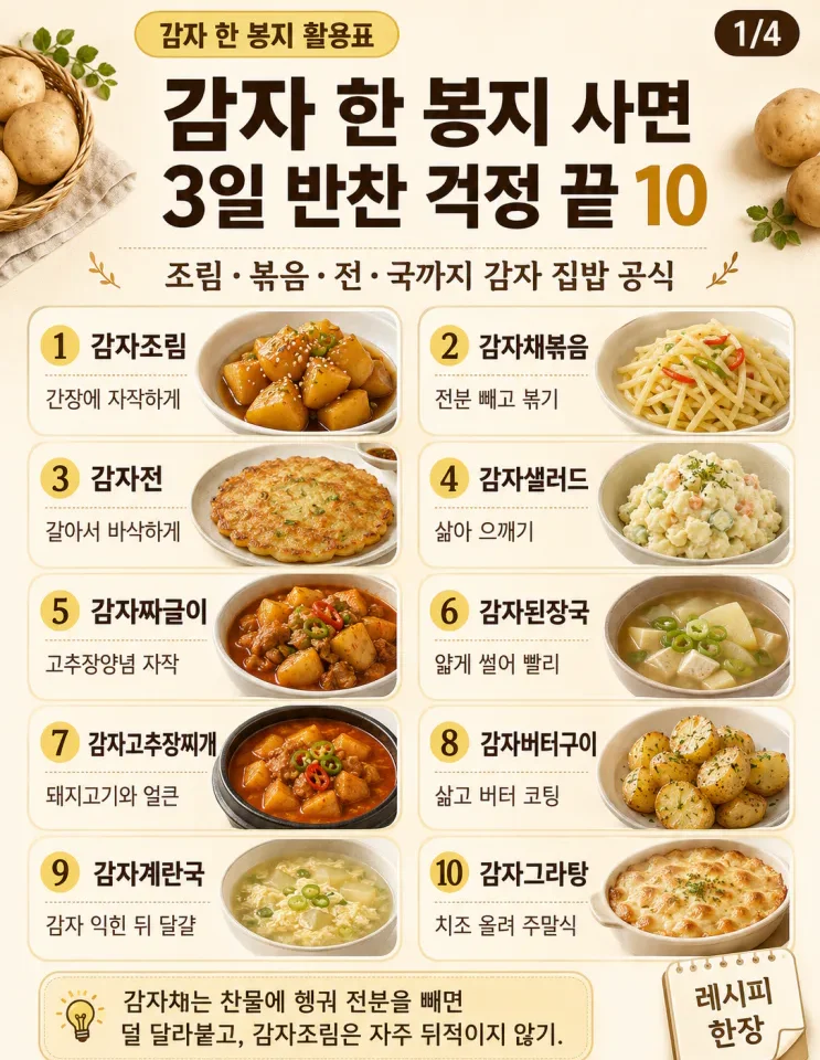 감자요리 10가지 — 감자 한 봉지 사면 3일 반찬 걱정 끝