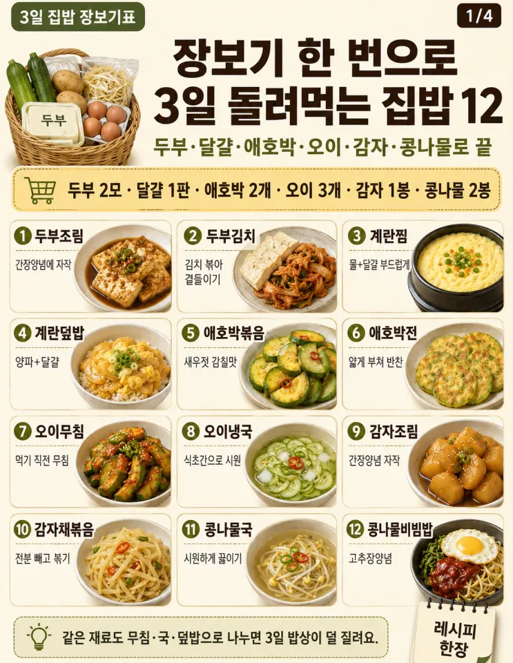 3일 집밥 장보기 — 한 번 사서 돌려먹는 집밥 12가지