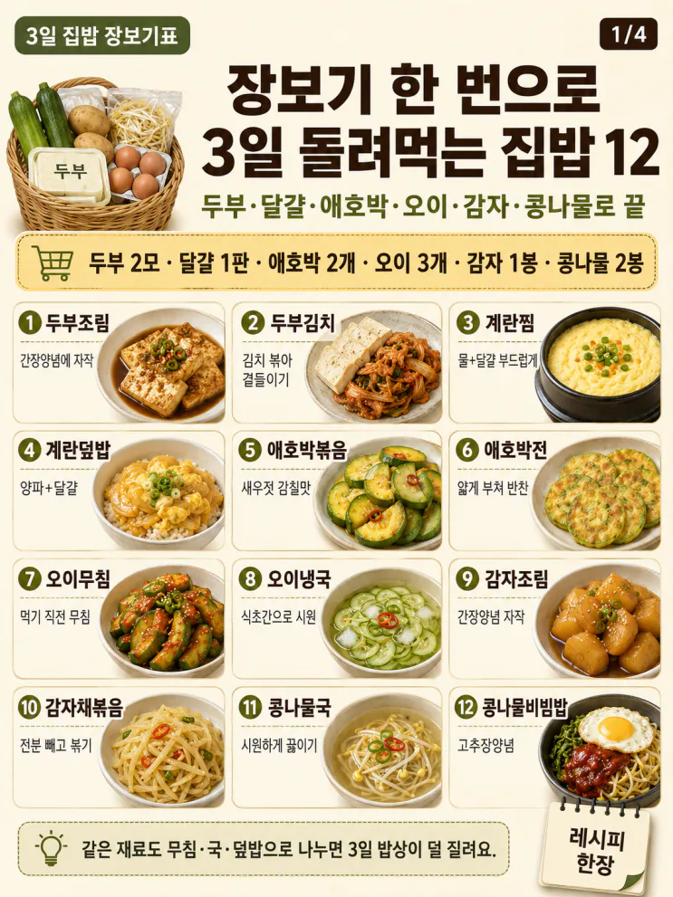 3일 집밥 장보기 — 한 번 사서 돌려먹는 집밥 12가지