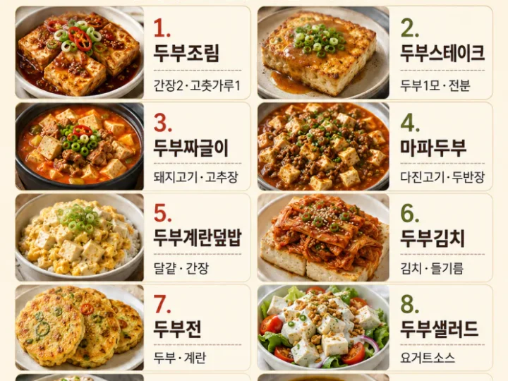 두부 한 모로 만드는 단백질 한 끼 10가지 — 부치고 조리고 덮밥까지