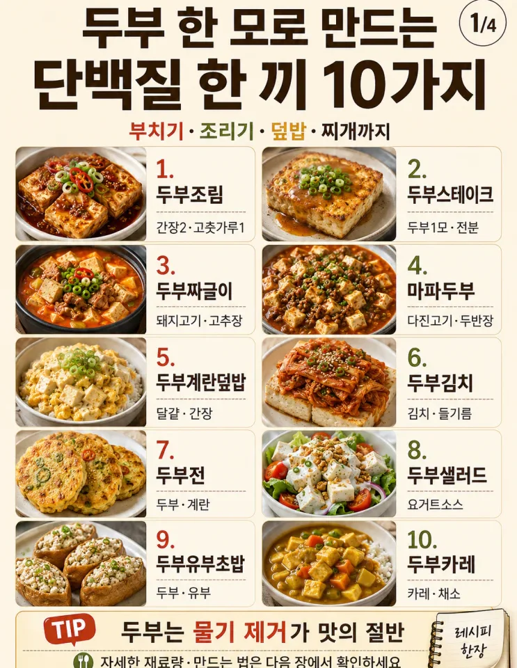 두부 한 모로 만드는 단백질 한 끼 10가지 — 부치고 조리고 덮밥까지