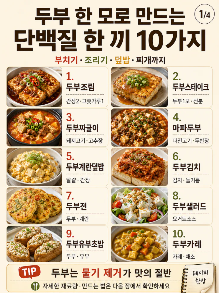 두부 한 모로 만드는 단백질 한 끼 10가지 — 부치고 조리고 덮밥까지