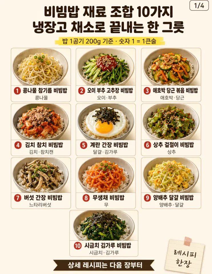 비빔밥 재료 조합 10가지, 냉장고 채소로 끝내는 한 그릇