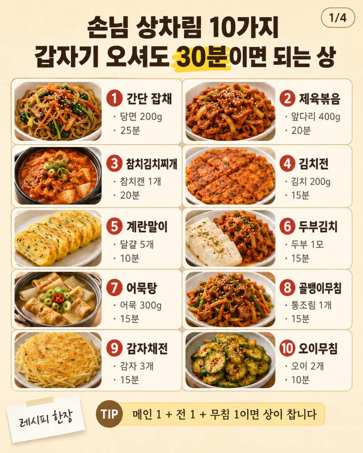 손님 상차림 10가지, 갑자기 오셔도 30분이면 되는 상