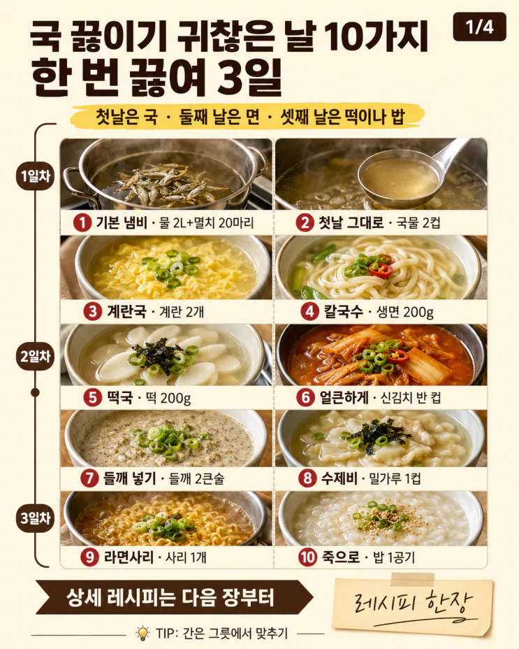 국 끓이기 귀찮은 날 10가지, 한 번 끓여 3일