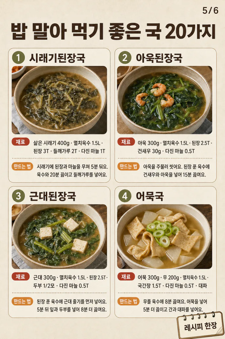 밥 말아 먹기 좋은 국 20가지 — 반찬 없어도 든든한 한 그릇