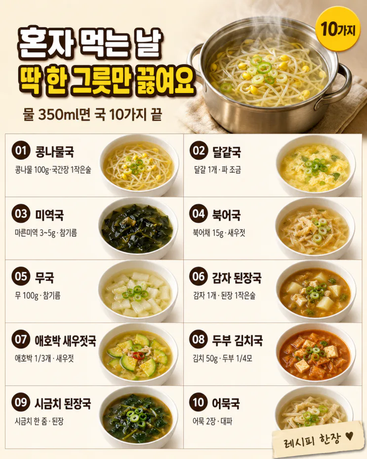 1인분 국 끓이는 법, 남기지 않고 딱 한 그릇 10가지