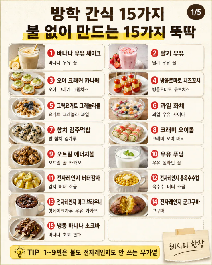 방학 간식, 불 없이 만드는 15가지