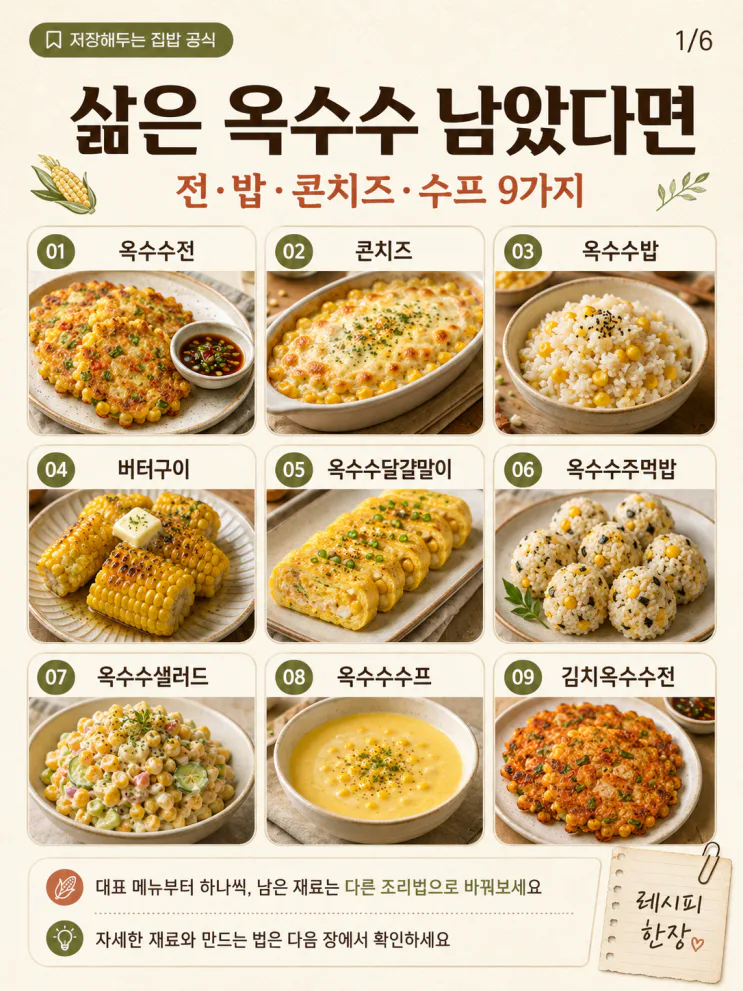 삶은 옥수수 요리 9가지 — 남은 알갱이까지 쓰는 법