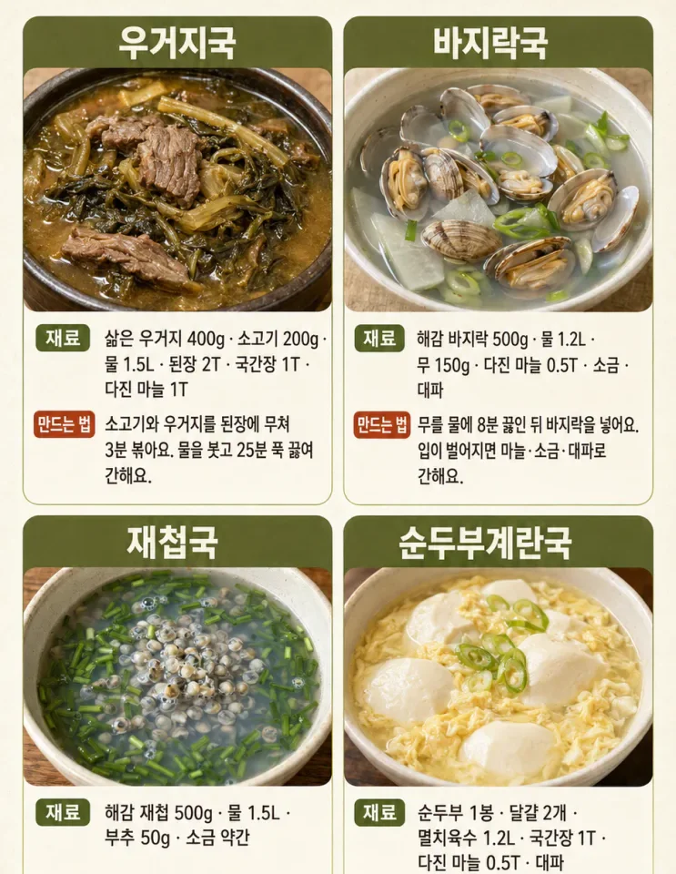 밥 말아 먹기 좋은 국 20가지 — 반찬 없어도 든든한 한 그릇