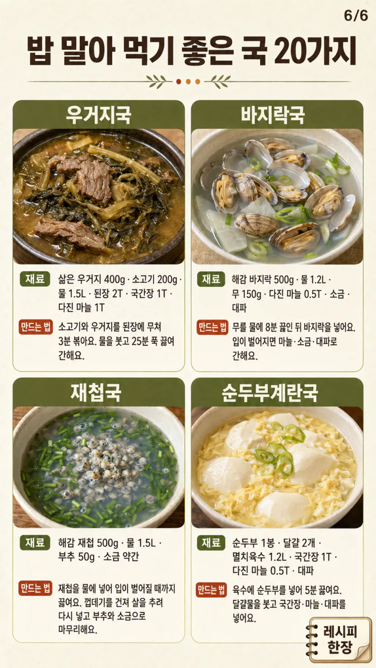 밥 말아 먹기 좋은 국 20가지 — 반찬 없어도 든든한 한 그릇