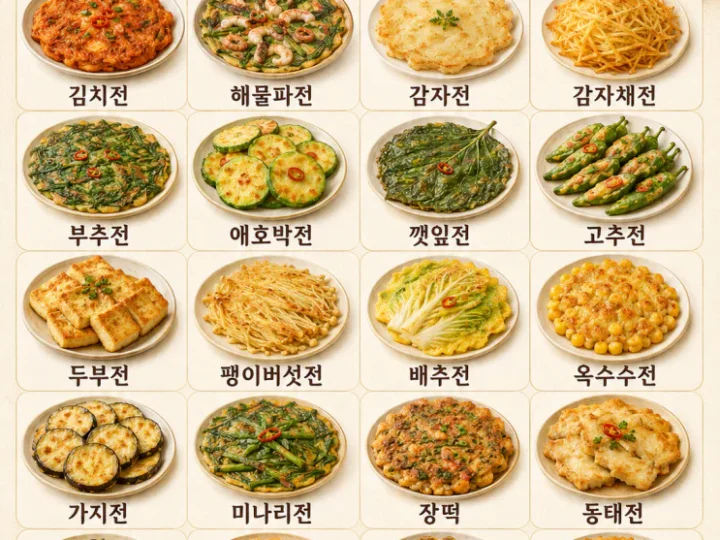 비 오는 날 전 종류 — 바삭한 김치전부터 육전까지 20가지 레시피