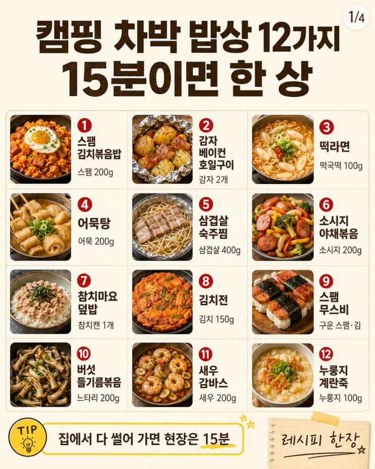 캠핑 차박 밥상 12가지, 짐 덜고 차리면15분이면 한 상