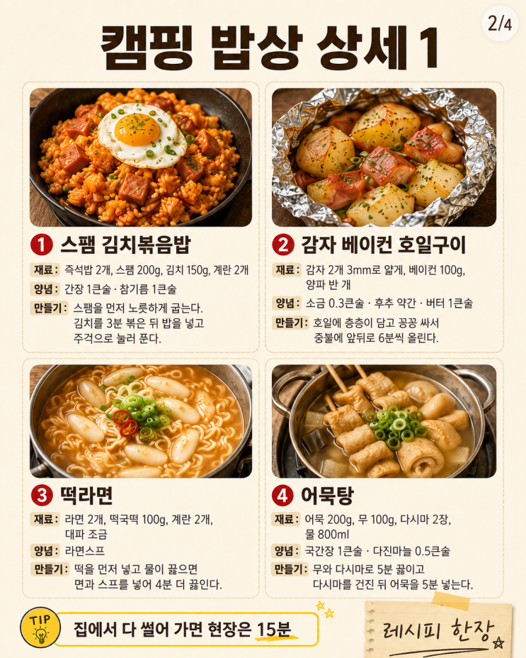 캠핑 차박 밥상 12가지, 짐 덜고 차리면15분이면 한 상