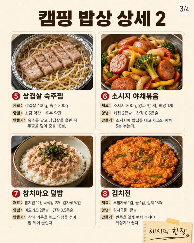 캠핑 차박 밥상 12가지, 짐 덜고 차리면15분이면 한 상