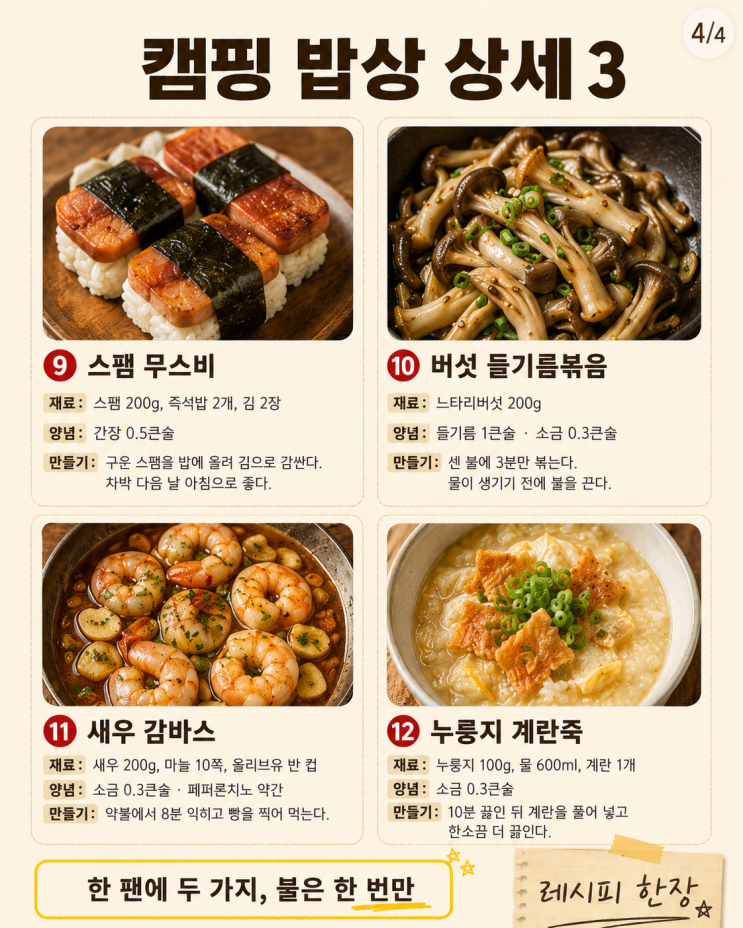 캠핑 차박 밥상 12가지, 짐 덜고 차리면15분이면 한 상