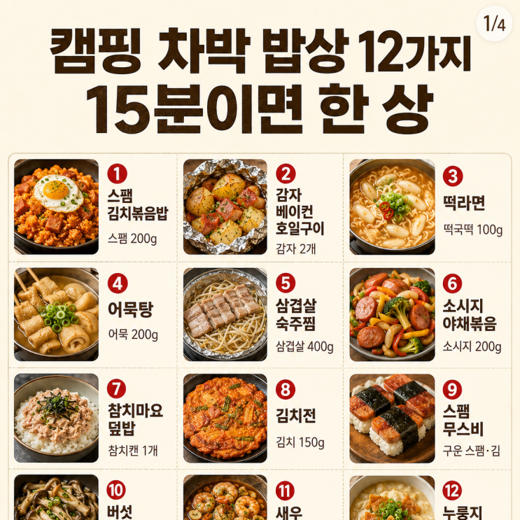 캠핑 차박 밥상 12가지, 짐 덜고 차리면15분이면 한 상