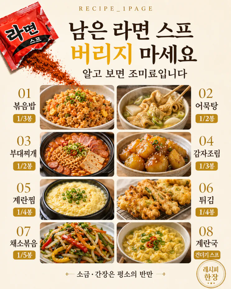 라면 스프 한 봉지, 버리기 아까웠다면 — 국·볶음·양념 8가지