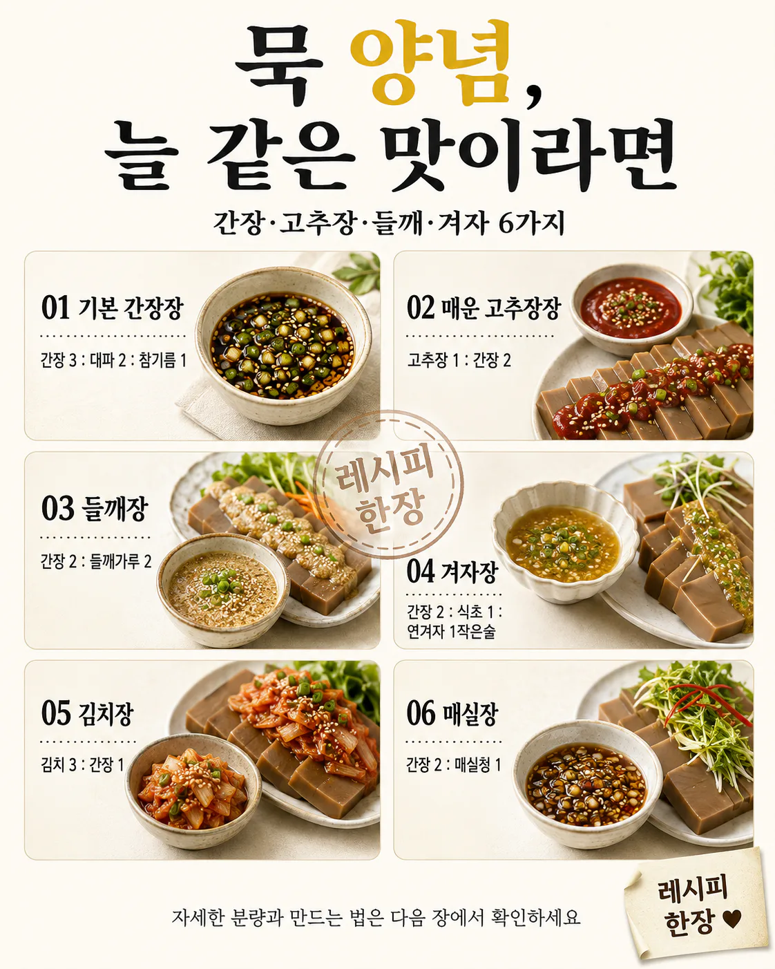 도토리묵 한 모, 간장만 뿌리지 마세요 — 양념장 6가지