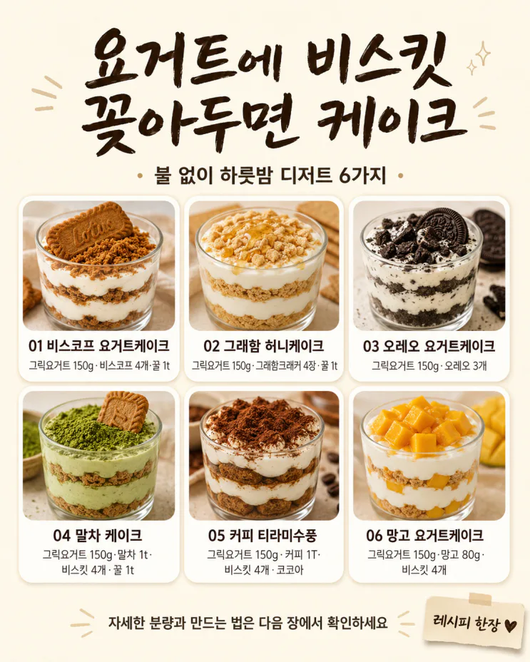 요거트에 비스킷 꽂아두면 케이크 — 불 없이 SNS 디저트 6가지
