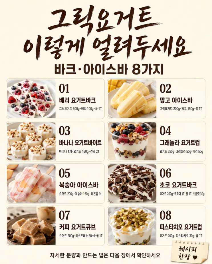 그릭요거트 얼려두면 간식 걱정 끝 — 바크·아이스바 8가지