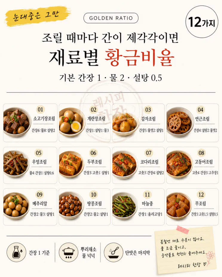 재료별 조림 황금비율 12가지, 한 표로 끝 (저장용)