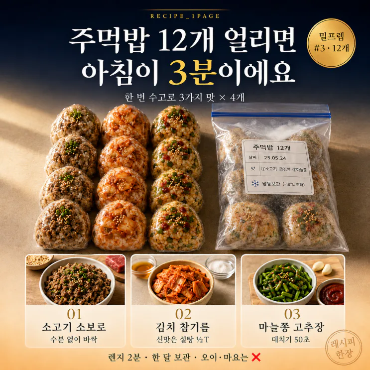 주먹밥 12개를 한 번에 얼립니다 — 아침이 3분으로 줄어요