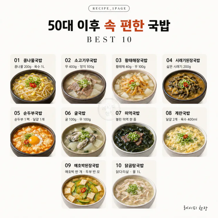 50대 이후 속 편한 국밥 10가지, 반찬 없이 든든한 한 그릇