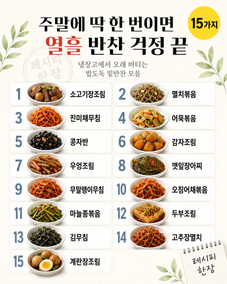 밥도둑 밑반찬 15가지, 한 번에 열흘 치 (저장용)