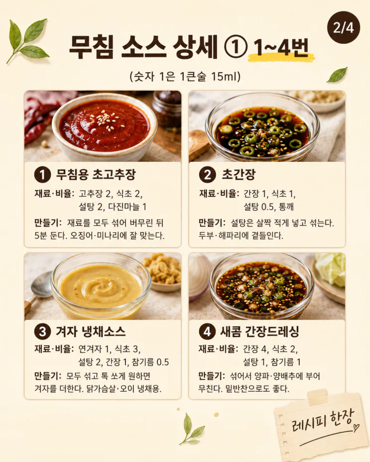 새콤 무침 소스 황금비율 10가지, 여름 입맛 살리는 표