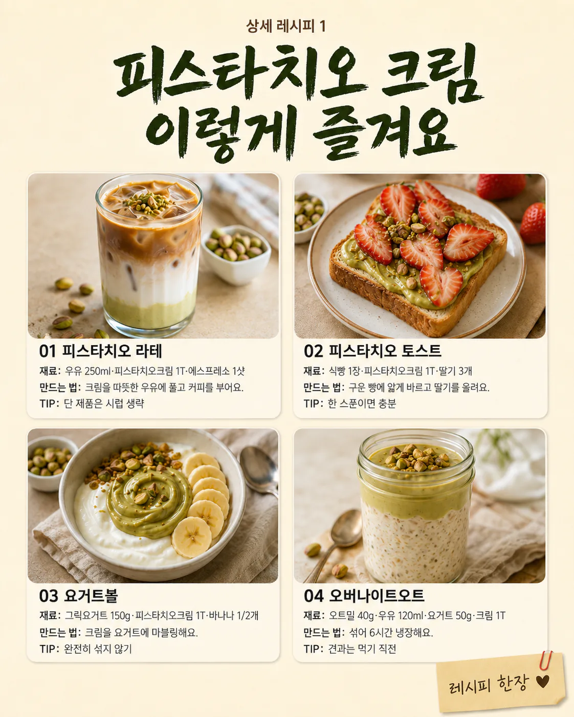 피스타치오 크림, 빵에만 바르지 마세요 — 카페 디저트 8가지