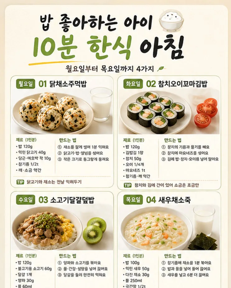 키 크는 시기 아침식단 14가지 — 방학 10분 한식·양식