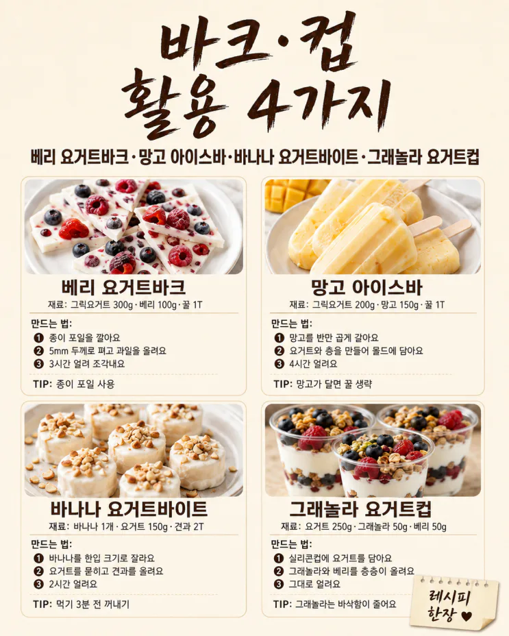 그릭요거트 얼려두면 간식 걱정 끝 — 바크·아이스바 8가지