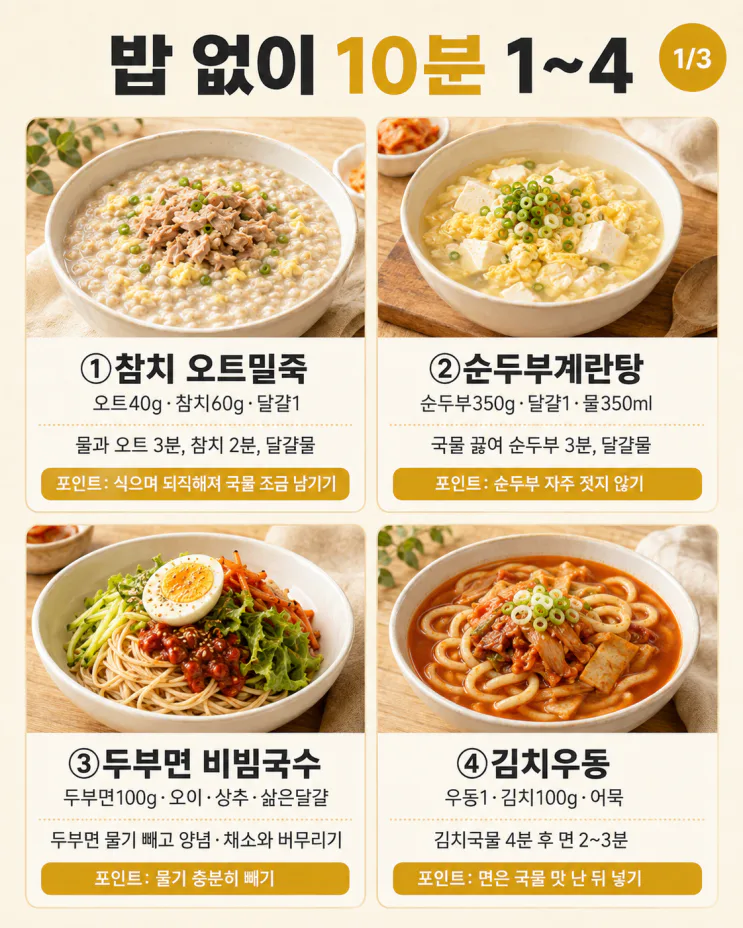 저녁 7시인데 밥도 안 했다면 — 밥 없이 든든한 10분 한 끼 10가지