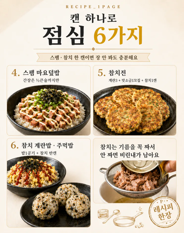 혼자 먹는 점심에 라면 말고, 스팸 참치캔으로 6가지