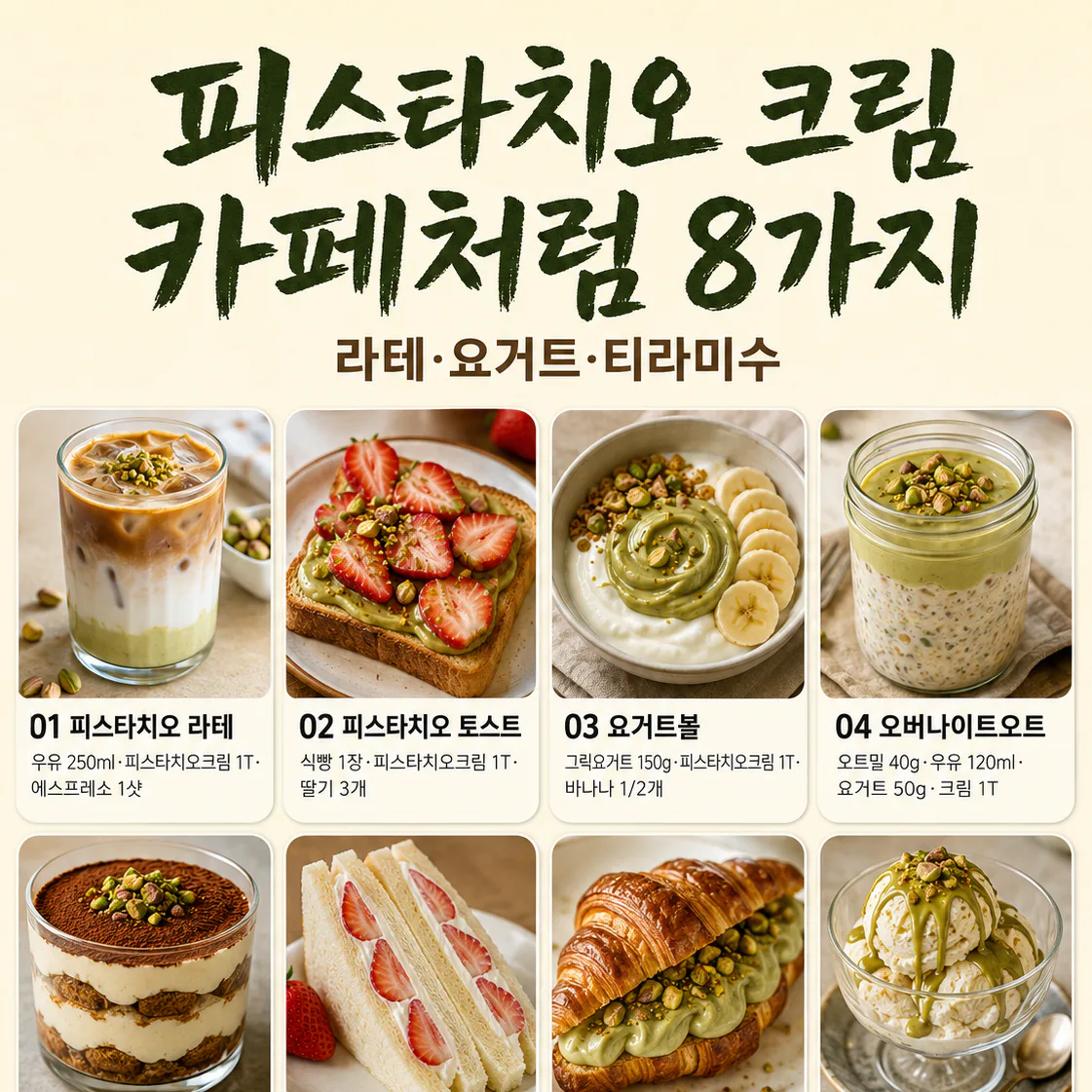피스타치오 크림, 빵에만 바르지 마세요 — 카페 디저트 8가지