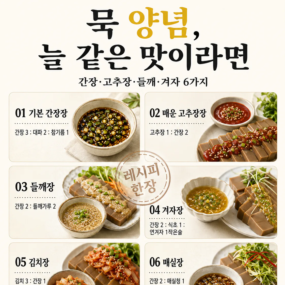 도토리묵 한 모, 간장만 뿌리지 마세요 — 양념장 6가지